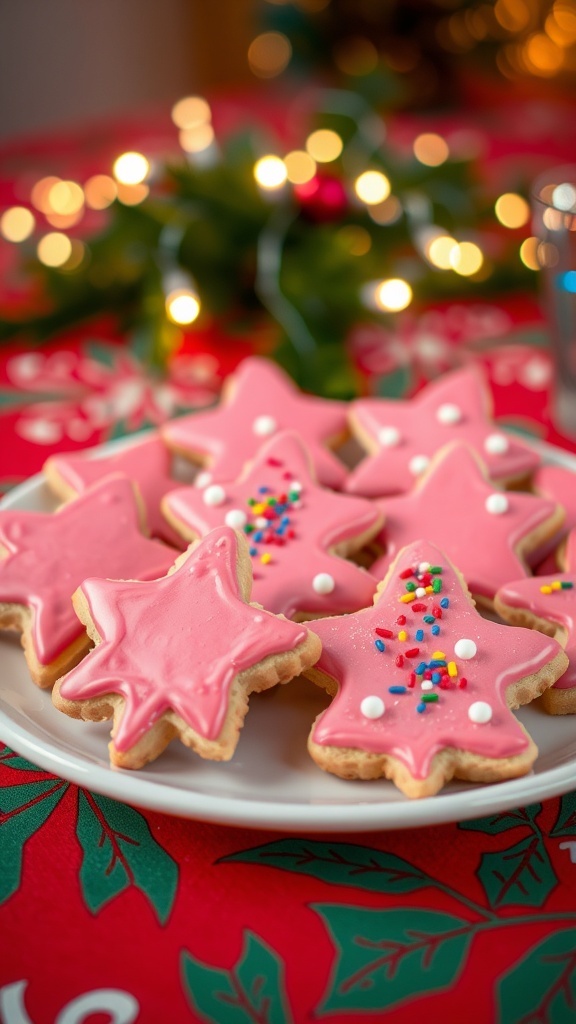 A festive plate of pink Christmas sugar cookies with sprinkles on a holiday table.